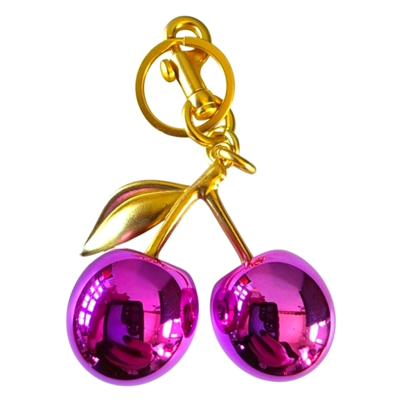 Back in..Fuschia Purple Chrome Metallic Large Cherries Purse Charm & Keychain - Picture 3 of 3